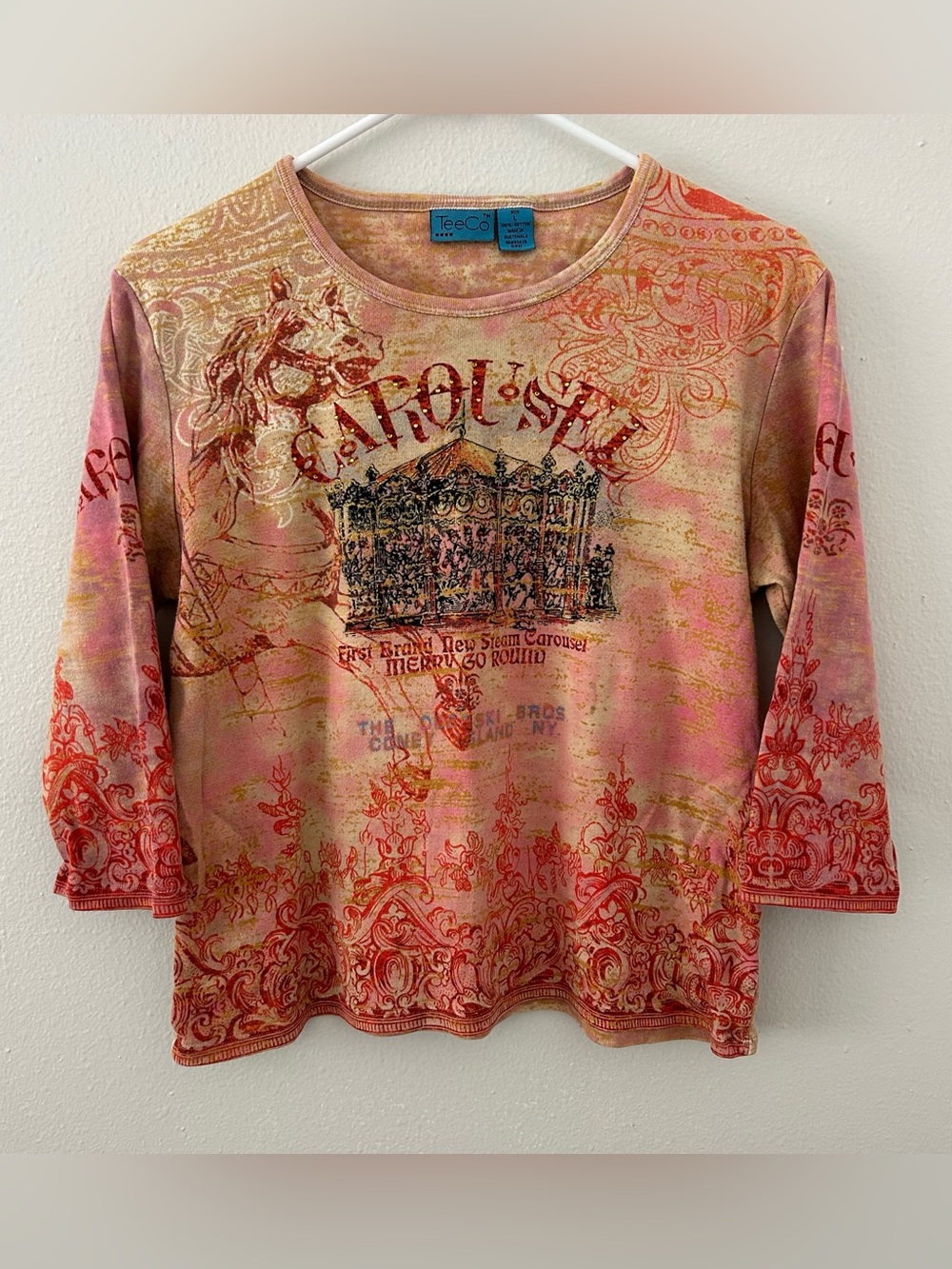 Vintage Y2K TeeCo 3/4 Sleeve Rhinestone Carousel Horse Graphic Tee Women’s L Top
